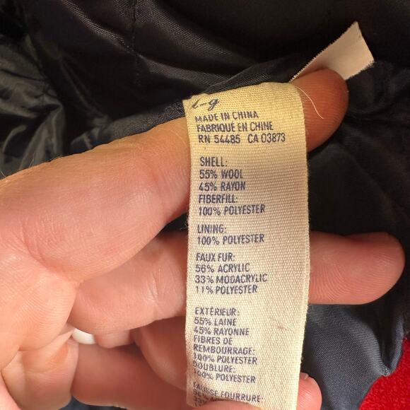 American Eagle Wool Blend Red Fur Hood Toggle Button Pea Coat Womens Large - Picture 13 of 16